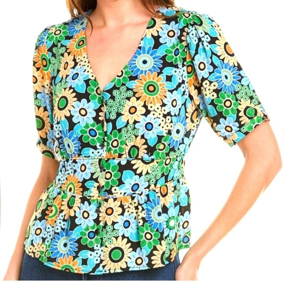 CAbi Happy Blouse Retro Floral Button Peplum Green Blue M 5900 - Picture 1 of 7